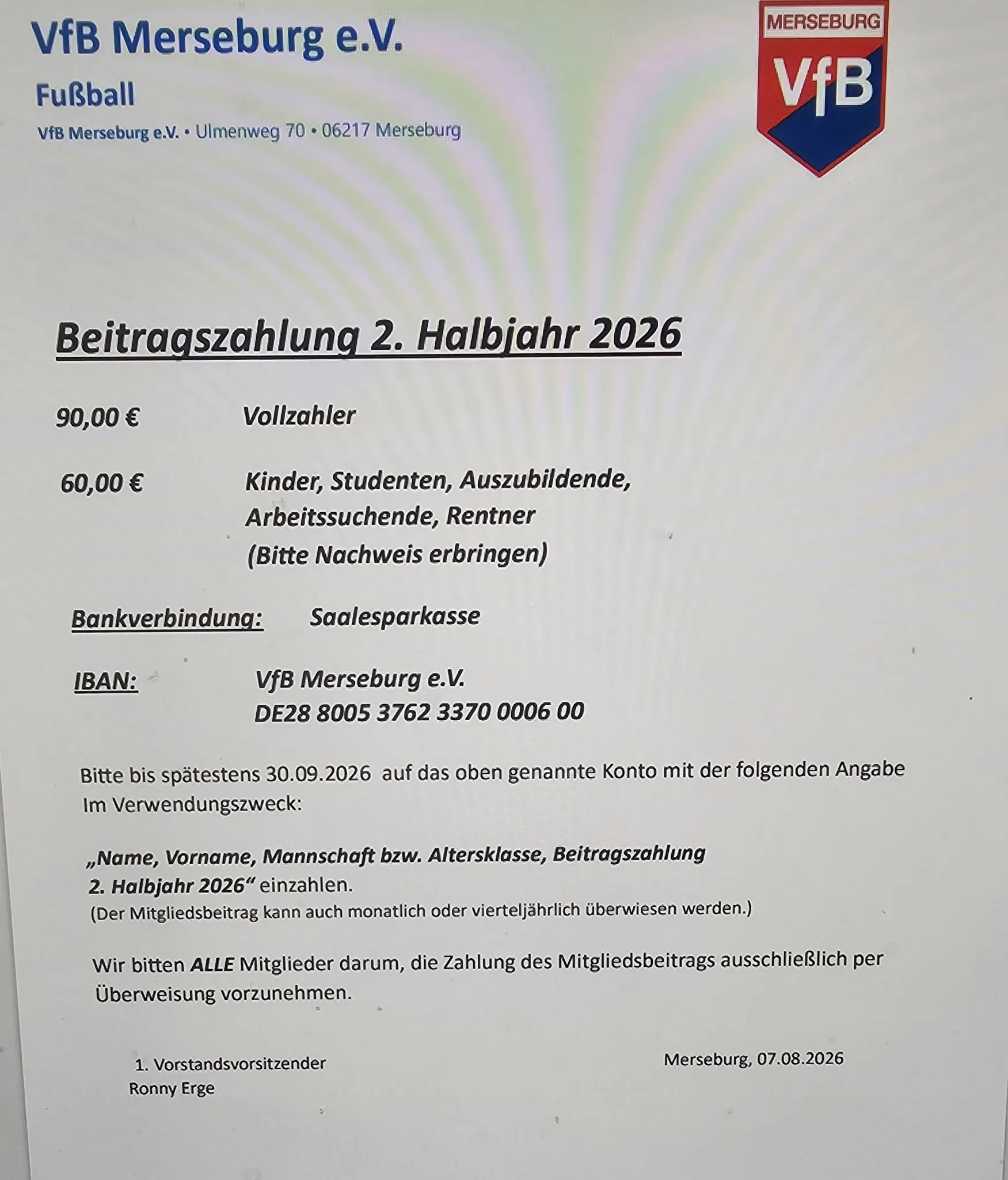 BEITRAGSZAHLUNG 2. HALBJAHR 2026